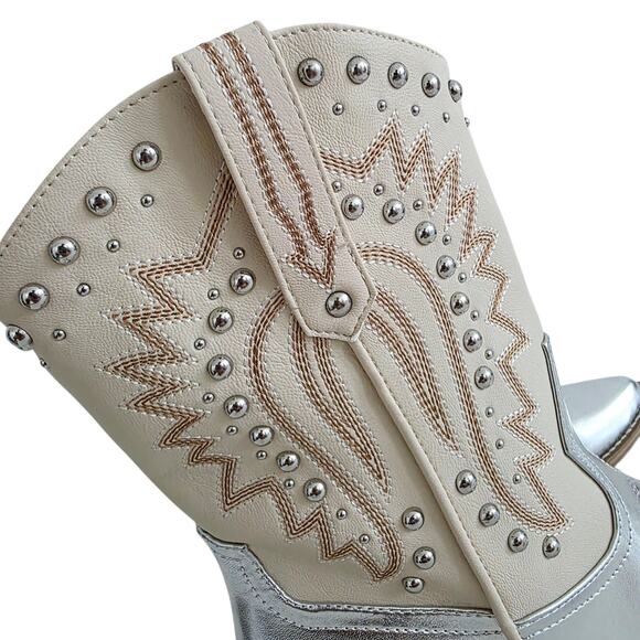 Dolce Vita Silver & Cream Beige Pointy Toe Studded Western Ankle Boots Size 8.5 - Picture 2 of 8